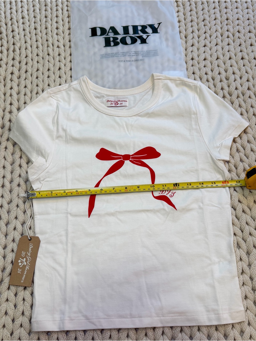 Nwt Dairy Boy Baby Tee Cherry Ribbon Size Large White Red 100% Cotton — image 7 of 7
